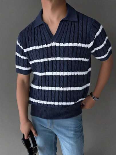 男士针织T恤，厚实条纹撞色针织T恤，舒适柔软面料，短袖针织T恤，可单穿或叠穿，适合派对、游艇聚会等场合，简约休闲复古风。