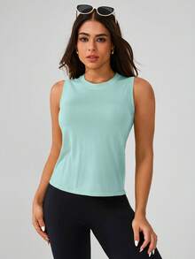 Leorrey 1 Stück Damen nahtloses, bequemes, modisches einfarbiges Rundhals-Ärmelloses, anliegendes Fitness-Workout-Tennis-Outdoor-Sport-Tanktop