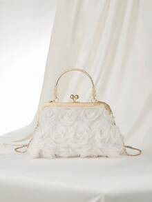 Clariva 2025新款链条花朵晚宴手拿包，女士时尚明星手提包，纯色手提/单肩/斜挎包，链条手柄[花朵图案位置随机] 圣诞礼物 - 米色 - 查看 2