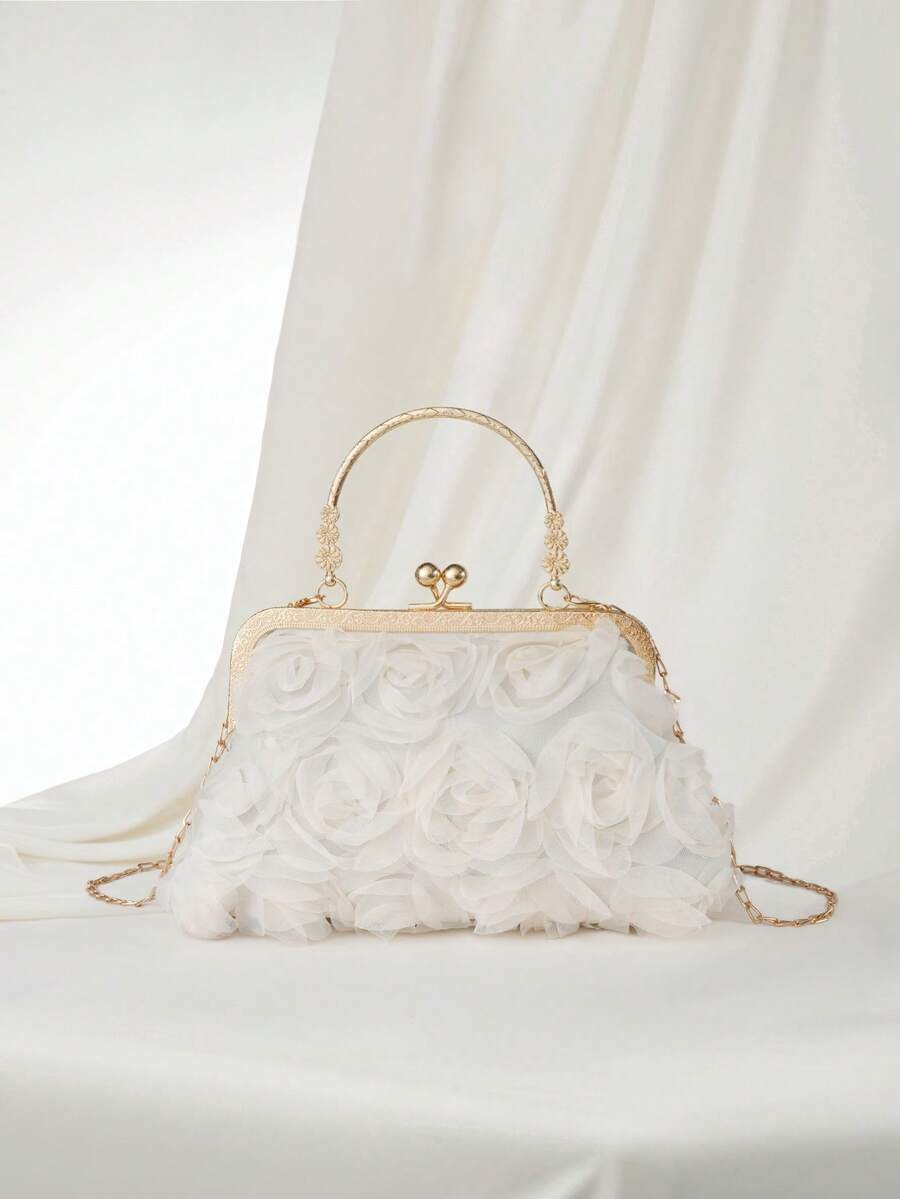 Clariva 2025新款链条花朵晚宴手拿包，女士时尚明星手提包，纯色手提/单肩/斜挎包，链条手柄[花朵图案位置随机] 圣诞礼物