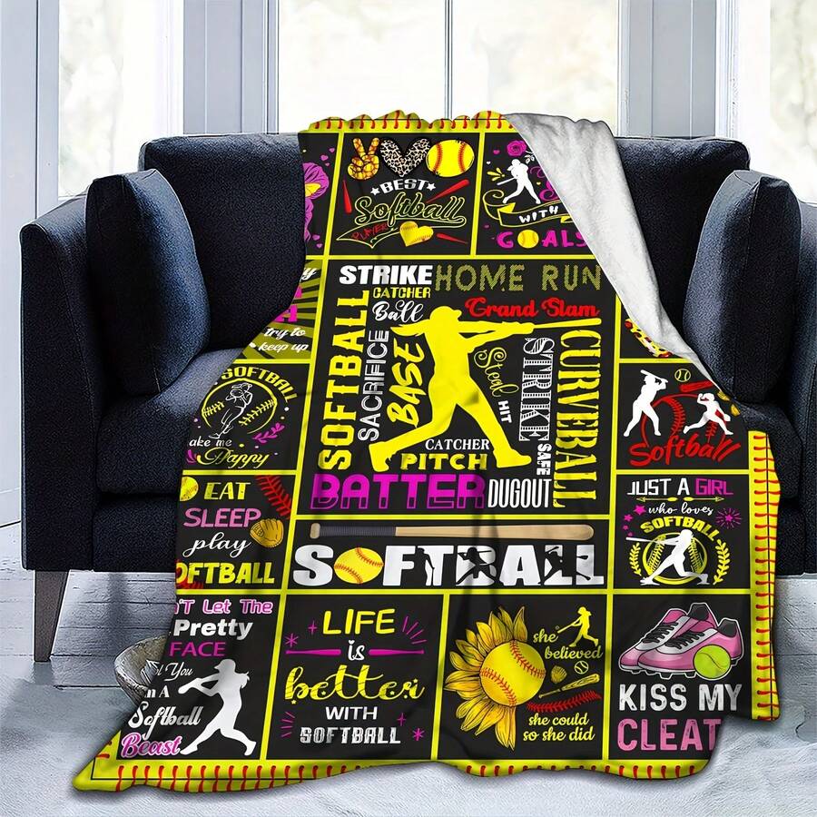 Softball Printed Blanket, Team Gift,Super Soft Flannel Printed Blanket,As Birthday Gifts, Family, Wedding, Souvenir Blankets, Polyester Blankets Suitable For All Seasons, Washable, Machine Washable, Lightweight, Breathable, Comfortable, Warm, Unique, 280gsm For Him, Her Personalized Ideal Gifts For Her, Him, Family, Boyfriend, Girlfriend, Father, Family, Mother, Lover, Daughter, Son, Grandfather, Grandmother, Friend, Classmate, Pet. Perfect Nap, Camping, Travel, Home, Daily Life, Office Decoration, Birthday, Anniversary, Valentine's Day, Thanksgiving, Christmas, Halloween, Mother's Day, Father's Day, Wedding, New Year Gifts ,Sofa,Bed,Car,Bedroom,Living Room,Office, Outdoor Camping, Beach,Wall Decoration - 多色7 - 查看 1