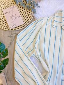 Women's Striped Button-Down Shirt, Casual, SP028 - Màu xanh lam - Xem 3