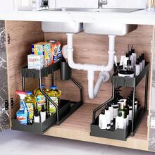 New 2-Tier Under-Sink Storage Rack Kitchen Cabinet Storage Rack Double-Layer Sliding Cabinet Basket Storage Drawer Multi-Functional Bathroom Storage Basket Storage Box Kitchen Countertop Storage Rack With 5 Hooks And 2 Hanging Baskets Daily Home Use Holiday Gift - Black R - View 2