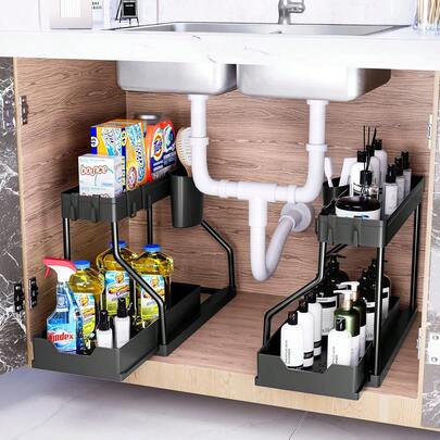 New 2-Tier Under-Sink Storage Rack Kitchen Cabinet Storage Rack Double-Layer Sliding Cabinet Basket Storage Drawer Multi-Functional Bathroom Storage Basket Storage Box Kitchen Countertop Storage Rack With 5 Hooks And 2 Hanging Baskets Daily Home Use Holiday Gift