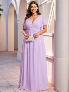 EVERPRETTY 秋冬优雅V领褶皱荷叶边袖及地半正式礼服淡紫色伴娘礼服婚礼派对婚礼宾客礼服 - 淡紫色 - 查看 7