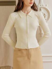 Sweaters For Women Simple Double-Zip Ribbed Cardigan, Slim-Fit And Figure-Flattering, High-Stretch Knitted, Elegant Solid-Color With Zipper, Classic Collegiate-Style Women's Cardigan - Apricot - View 2