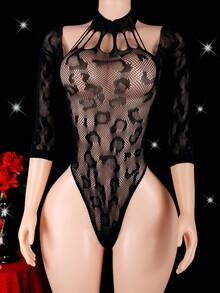 One-Piece Sexy Lingerie, 1 Long-Sleeved Leopard Print Hollow Bodysuit, One Size Fits All: XS-M, Women's Fashionable Sexy Mesh Bodysuit, Hollow Design, Sexy Tights, Exquisite Details, Light Texture, Bodysuit, Fashion Lingerie, Club Wear - Black - View 2