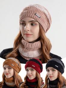 1 Set Women's Cable Knit Beanie & Scarf Set, Thick Warm Knitted Slouchy Hat & Neck Warmer For Winter Daily Use - Multicolor - View 2