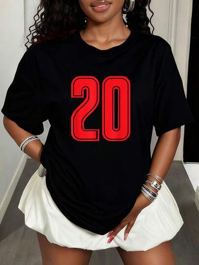 Camiseta  20 Camiseta de equipo deportivo roja número 20, camisetas gráficas, moda femenina, camisetas casuales, estilo de tops