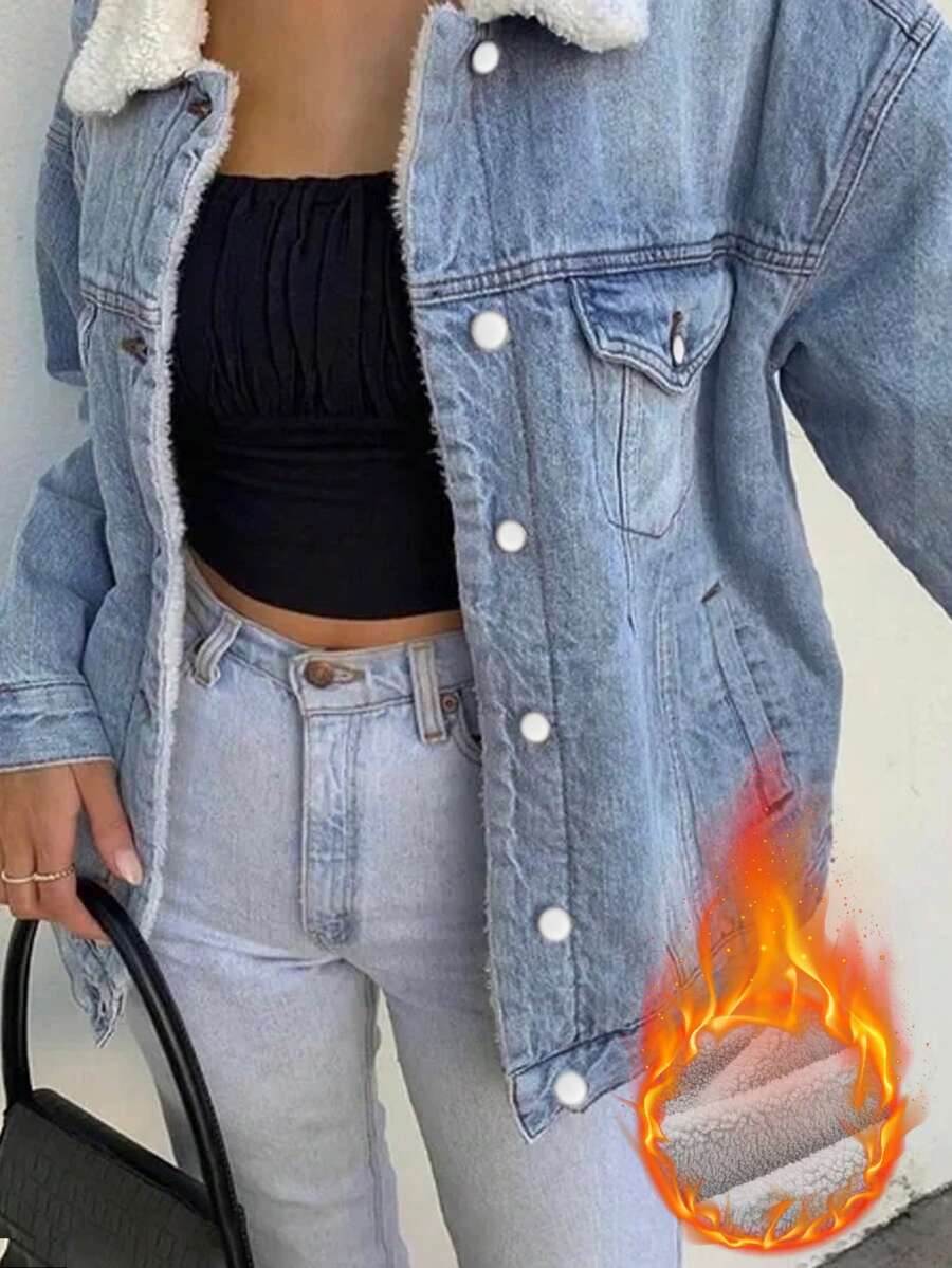 Women's Denim Jacket With Warm Lining, Elegant Ladies Style, Winter - Blue - View 1