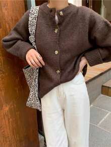 Plus Size Brown Round Neck Drop Shoulder Long Sleeve Button Front Knit Cardigan, Warm & Comfortable Knitted Blend Sweater For Autumn/Winter - Brown - View 2