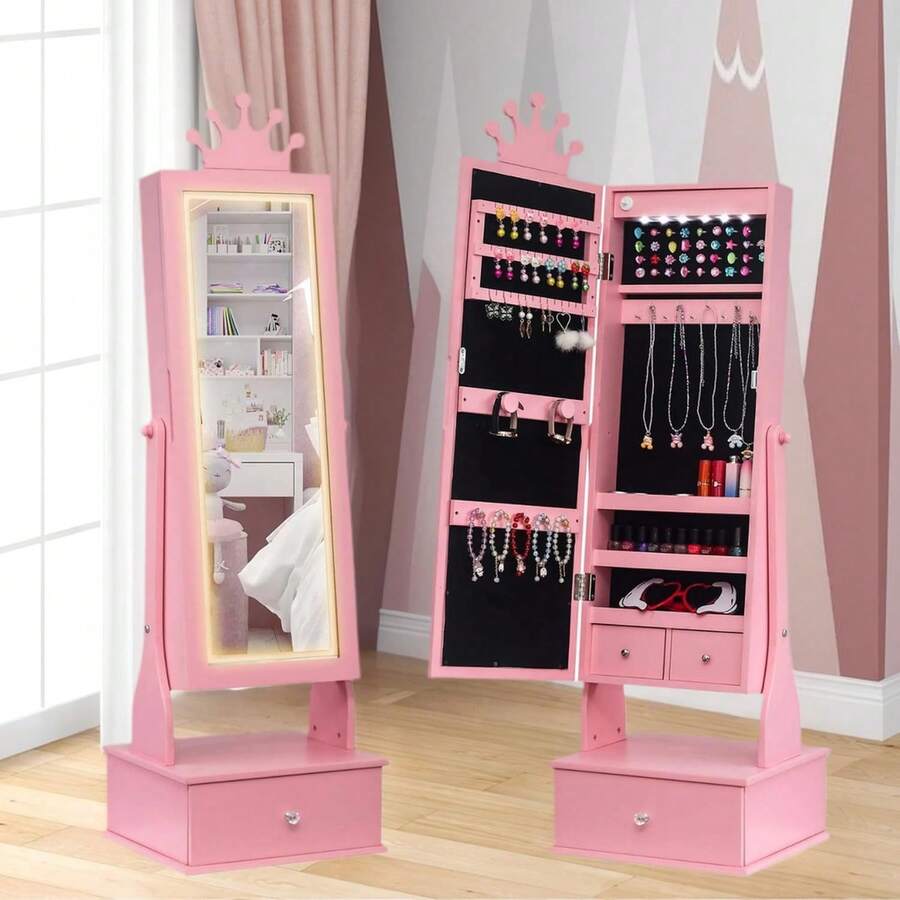 Clóset de Joyería Infantil Rosa con Espejo de Cuerpo Completo, Gabinete Joyero No Empotrado con Cajones, Tocador y Organizador de Accesorios, 117 cm – Regalo de Cumpleaños o Navidad para Niñas - Rosa - Ver 1