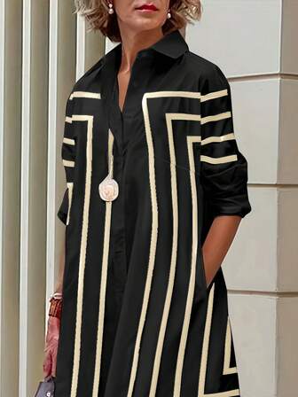 Plusstorlekar Damklänning med geometriskt mönster, vävt tyg, fickor, knappar fram, kort kjol, lämplig för kontor, hem, flygplats, outfit på vår/sommar