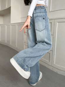少女松紧腰宽松直筒休闲百搭蝴蝶刺绣牛仔裤 - 藍色 - 查看 2