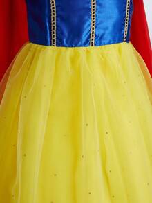 10件套蓝黄短袖蝴蝶结领女童连衣裙、披风、假发及配饰套装，儿童圣诞派对节日服装 - 藍黃色 - 查看 8