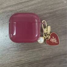 Glossy Wine Red TPU Earphone Protective Case With Faux Pearl Chain And 3D Heart Design, Compatible With Airpods 1/2/3/4, Pro 3/Pro 2, Scratch-Resistant, Shock-Proof, Soft , Mother's Day, Valentine's Day, Birthday Gift, Girlfriend Gift - Burgundy - View 6