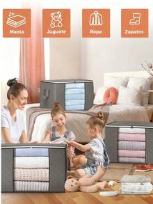 Juego de 4 Bolsas  Gris de Almacenamiento Grandes de 90L ,Organizadores Plegables para Ropa, Mantas y Edredones,Cajas de Tela Gruesa con Asas Reforzadas,Contenedores de Armario Transpirables y Resistentes,Ideal para Dormitorio, Hogar o Mudanza - Gris - Ver 5