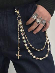 1 pieza Cadena de pantalón de lujo con múltiples capas de cristales y perlas falsas, estilo retro, para hombres y mujeres, cadena decorativa para la cintura de los pantalones