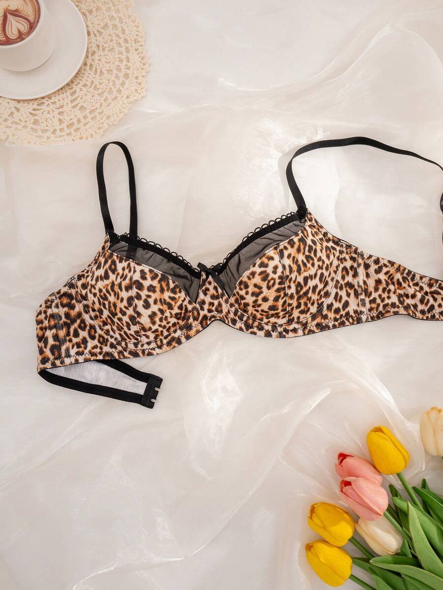 1pc Women's Solid Color Leopard Print Bow Decor Underwire Comfortable Bra - Multicolor - View 1