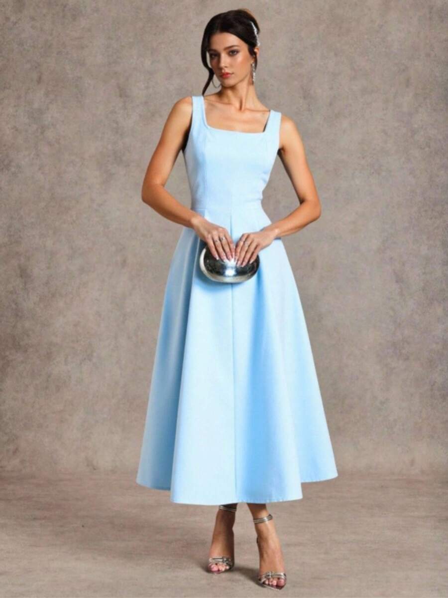 Women's Tailored Dress With A Versatile Square Neckline. - 淺藍色 - 查看 1
