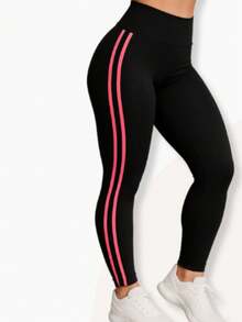 Women's Striped Leggings - Fashion, Fitness, Lifestyle - 黑色和粉紅色 - 查看 2