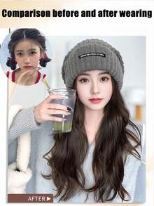 合成纤维针织帽假发，帽子接发，长款波浪卷灰色帽子假发，带合成发片，适合女性和女孩冬季佩戴 - 冷棕色/棕色/黑色