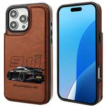 Auto deportivo de lujo GT3-RS auto de carreras sedán 911 alemán genial creativo auto de ensueo Estuche para tarjetas con diseño estético en marrón para iPhone 16 15 14 13 12 Pro Plus Max de piel sintética elegante a prueba de golpes anticaídas - Marrón - Ver 4