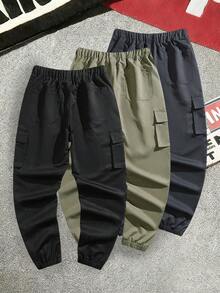 3pcs/Set Teen Boy Casual Outdoor Workout Sports Cargo Pants With Pockets, Straight Leg & Cuffed, School Style, Spring/Autumn/Winter - Black - View 3