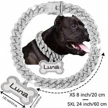 1pc Customized Luxury Rhinestone Dog Cuban Link Collar, 1.3cm Wide Hiphop Pet Necklace, Suitable For Small/Medium/Large Dogs, Pet Accessories & Gift, Can Engrave Pet Name, Phone Number, Anti-Lost Ornamental,Engraved Stylish,Fashion,Colorful,Vintage,Cute,Contracted,Cuties Custom,Unique,Customized,Personalized Pet For Anniversaries,For Birthdays,Pet Supplies,2025 Halloween Accessories,Fall Décor