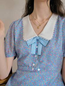 Simple Retro 女士波西米亚风印花梭织中长连衣裙，短袖彼得潘领，纽扣前襟，喇叭下摆 - 藍色 - 查看 3