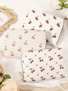 Fashionable And Cute Cherry Print Short Wallet Handbag Zipper, Coin Wallet Fashionable Zipper, High-Quality Credit Card Storage Bag, Women's Wallet Card Bag,Fashion,Modern,Business,For Anniversary,For Christmas,On Valentine Day,For Birthday Gift,For Gift,For Lover For Women,For Girls,For Lady,For Female,Bag School Supplies For School Dorm Room & Back To School