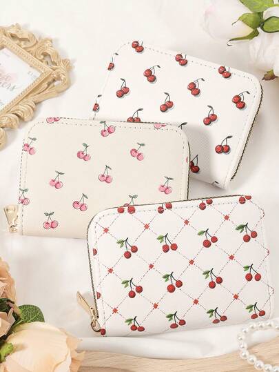 Fashionable And Cute Cherry Print Short Wallet Handbag Zipper, Coin Wallet Fashionable Zipper, High-Quality Credit Card Storage Bag, Women's Wallet Card Bag,Fashion,Modern,Business,For Anniversary,For Christmas,On Valentine Day,For Birthday Gift,For Gift,For Lover For Women,For Girls,For Lady,For Female,Bag School Supplies For School Dorm Room & Back To School