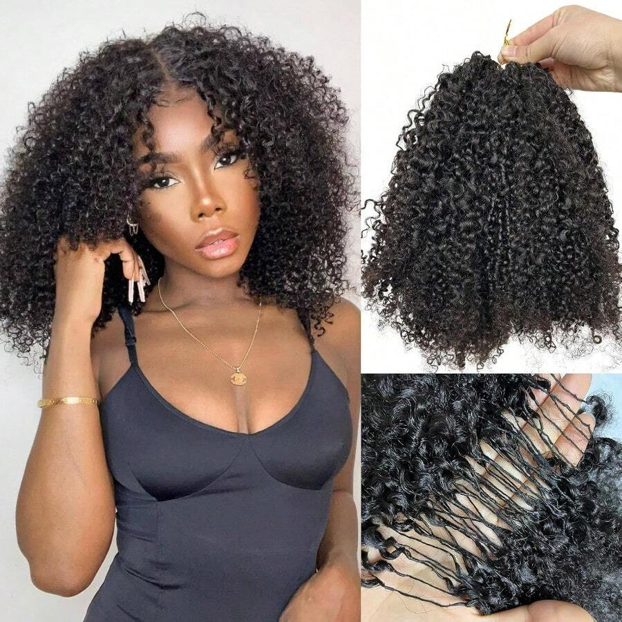 DHuman Crochet Afro Hair Kinky Curly Pre Separated Feather Extensions Knotl Micro Ring Loop Soft Hair Bundles Crochet With String For Twist Braids 20Inch 120g 100Strands - 120g100Sợi - Xem 1