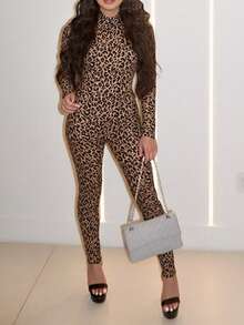 DOUCIU 豹纹长袖休闲修身连体裤 - 卡其色 - 查看 6
