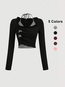 Camiseta 2 en 1 para mujer, top con lazo, top de punto otoñal, top de manga larga, ropa para la vuelta al cole. - Negro - Ver 7