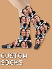 1 Pair Customized Face Socks, Personalized Photo Couple Mid-Calf Socks, Unique Custom Anniversary, Valentine's Day, Birthday, Holiday Gift - White - View 7