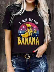Plus Size - Plus Size Women'S Casual T-Shirt - "I AM NANA" Banana Graphic, Round Neck, Short Sleeve, Slightly Elastic Fabric, Comfortable All-Season Top With Geometric Pattern, Casual Wear|Playful Graphic Tee|Comfortable Fit - màu đen - Xem 6