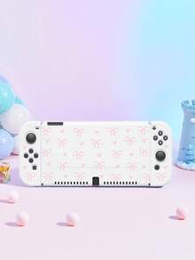 1 Stück rosa Schleife & Herz Muster Schutzhülle, kompatibel mit Switch/Switch 2, Switch 2 (2025)/Switch OLED/Switch NS/Switch Lite, inklusive Aufbewahrungstasche, Kartenfachbasis, weiche hautfreundliche Schutzhülle, perfektes Geschenk für Switch Spieler