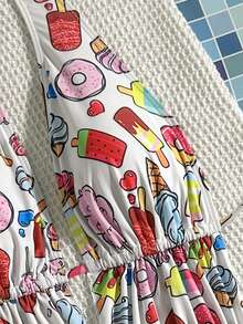 女士高弹力露背吊带连体比基尼，甜美冰淇淋印花系带细节 - 彩色 - 查看 6