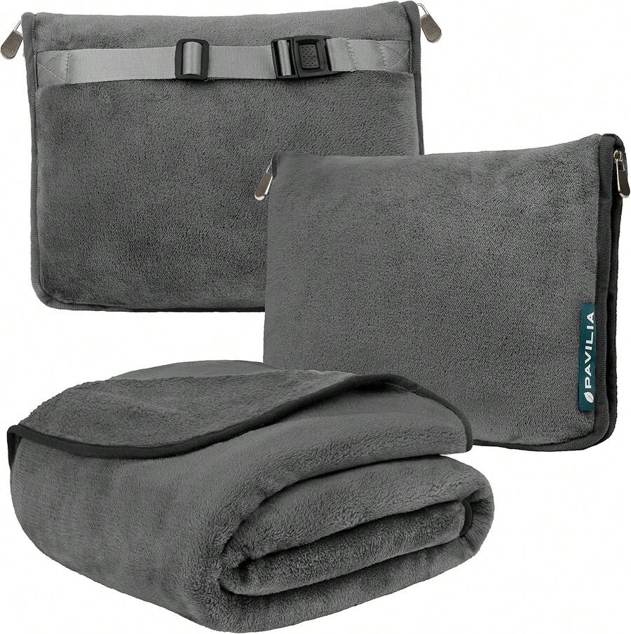 Manta de Viaje 2 En 1, Juego de Manta de Avión Compacto, Manta de Viaje Suave con Funda de Almohada Portátil para Avión, Tren Y Coche, 165x109cm, Gris - albaricoque - Ver 1