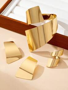 Brazalete, anillo y aretes de estilo punk metálico dorado con diseño geométrico asimétrico ancho y brillante, adecuado para atuendos diarios, de fiesta y de festivales de música de mujeres - Amarillo Oro - Ver 2