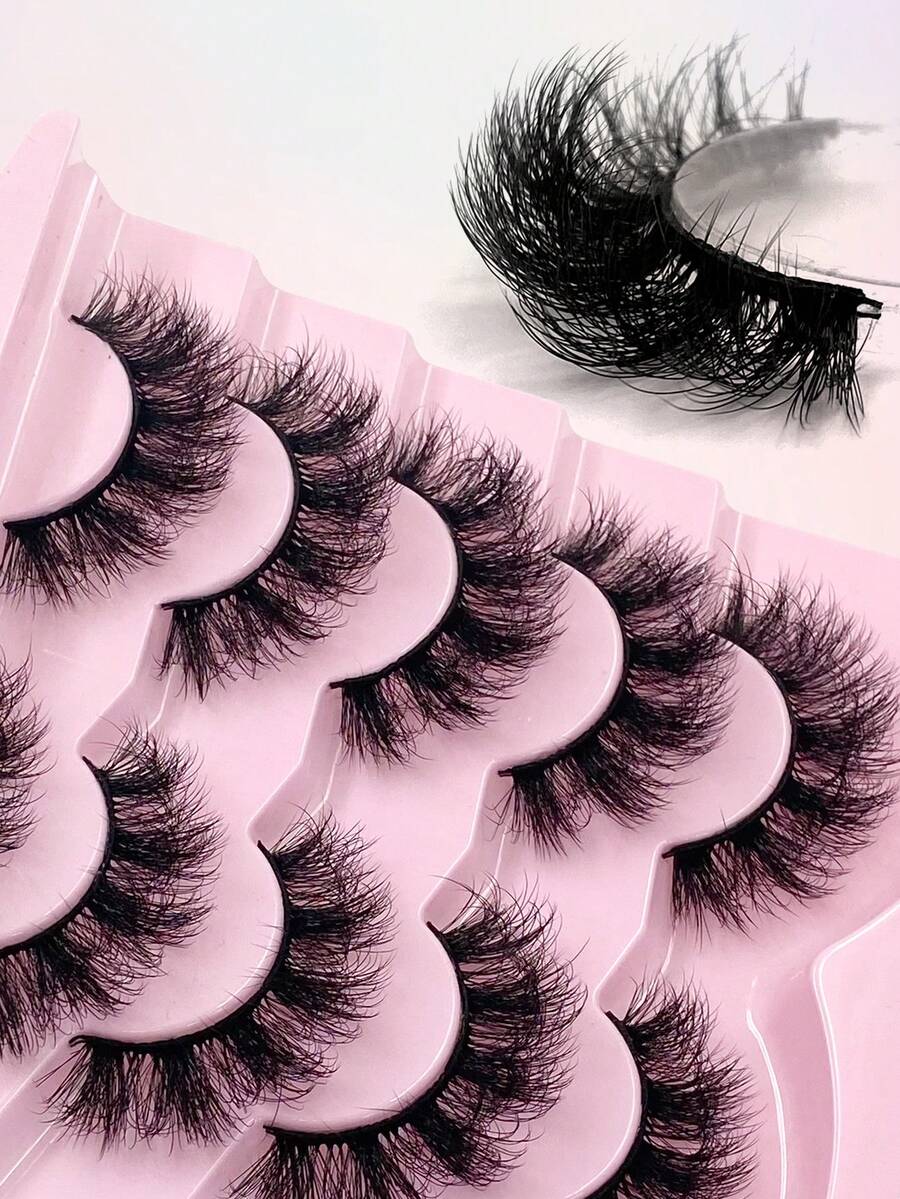 ENCHUW 5 对奢华蓬松假睫毛 - 浓密、纤细、3D 体积、可重复使用、柔软、轻盈、仿貂皮条睫毛，打造惊艳眼妆 - 黑色 - 查看 1