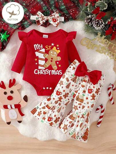 Newborn Baby Girls Cute Round Neck Ruffle Long Sleeve Gingerbread Man "My 1ST Christmas" Print Romper And Gingerbread Man & Christmas Tree All-Over Print Flared Pants With Headband 3 Pieces Set (Suitable For Christmas Outfit)