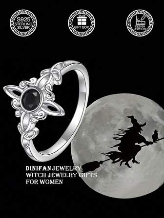 1pc S925 Sterling Silver Gothic Celtic Witch Ring | Inlaid Black Agate Witch Rune Pattern | Unisex Wizard Protective Ring, Couple Ring, Suitable For Halloween, Easter, Daily Wear, Gift For Valentine's Day, Mother's Day, Music Festival, Birthday, Comes With Gift Box