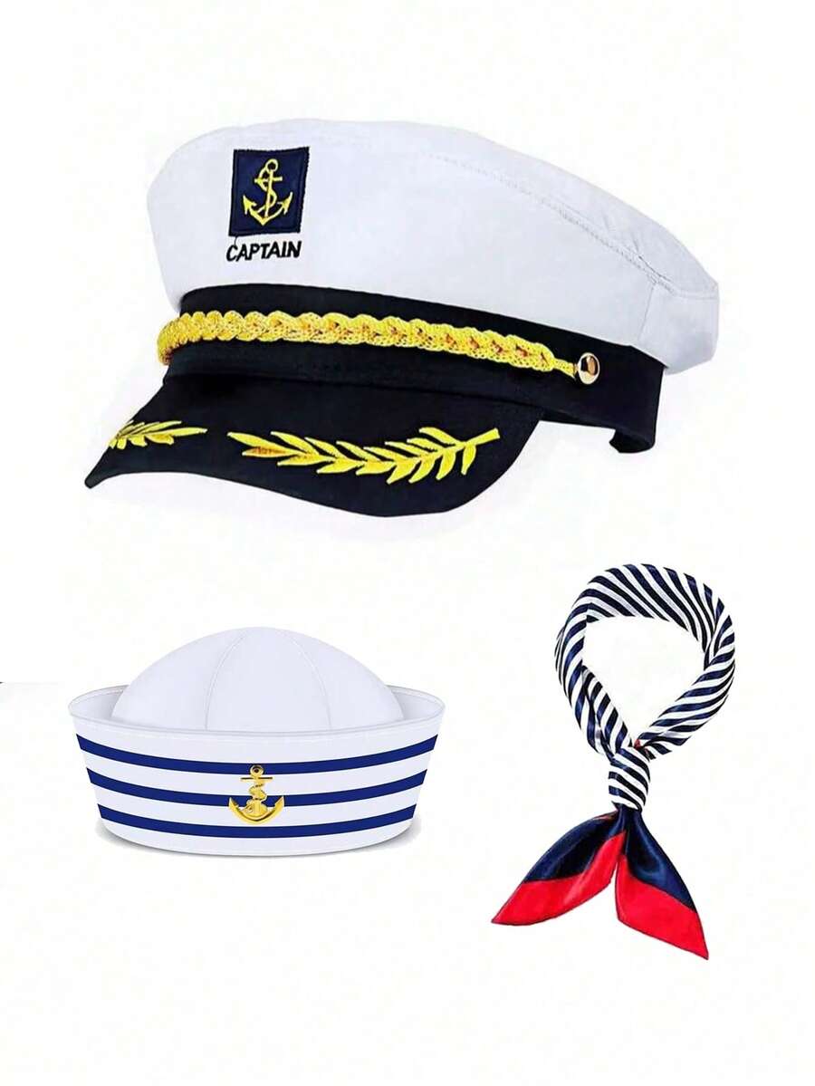 Women's Hat Combo, Costume Accessories Set, Cosplay Props - Navy Cap, Sailor Hat, Scarf Combo, Party Supplies