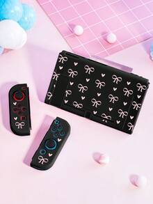 1 Stück rosa Schleife & Herz Muster Schutzhülle, kompatibel mit Switch/Switch 2, Switch 2 (2025)/Switch OLED/Switch NS/Switch Lite, inklusive Aufbewahrungstasche, Kartenfachbasis, weiche hautfreundliche Schutzhülle, perfektes Geschenk für Switch Spieler