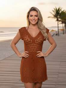 Short Beach Cover-Up Dress With Slit, Lace, Crochet, Knit, Summer - Màu nâu  Mocha - Xem 4
