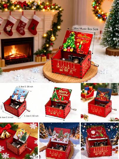 木雕手摇音乐盒，圣诞老人，圣诞彩绘木制 8 音音乐盒，雪人家庭节礼物，适合男孩、女孩、朋友、同学、生日、家居装饰、小礼物