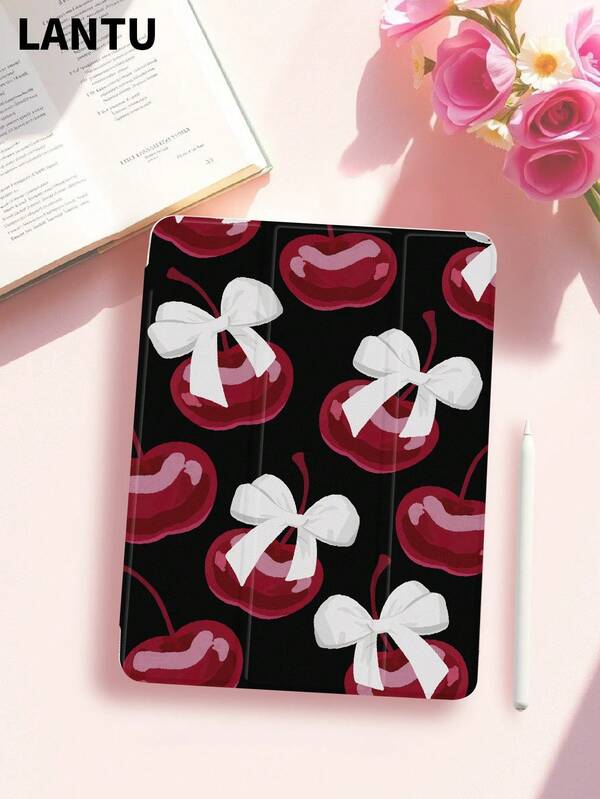 1pc Black Background Cherry Bow Pattern Tablet Protective Case, Compatible With Apple Tablet 10.2 Inch, Apple Pro 11 2020/2021/Apple (A16) 11 Inch 11th Gen 2025, Apple 9th/10th IPad Air 4th 10.9 Inch, Galaxy Tab S6 Lite 10.4, /, Anti-Drop, With Pen Slot, Support Sleep/Wake, Romantic Gift For Friends And Family