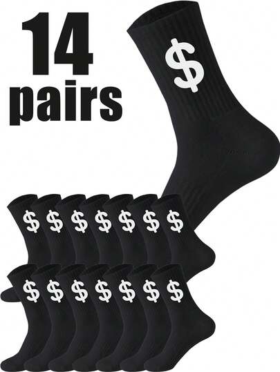 1/7/14 Pares de Meias Masculinas Cano Médio com Padrões Bordados, Moda Casual Esportiva Elegante, Tecido Tricotado Canelado, Adequado para Uso Diário